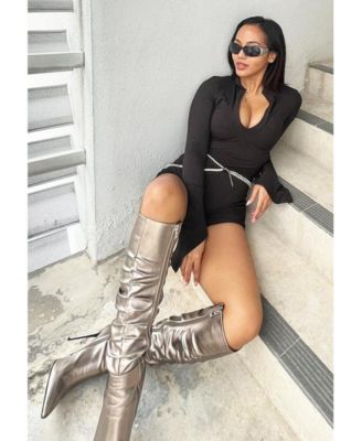 NEW-EXPRESSION Womens Metallic Ruched Stiletto Knee Boots