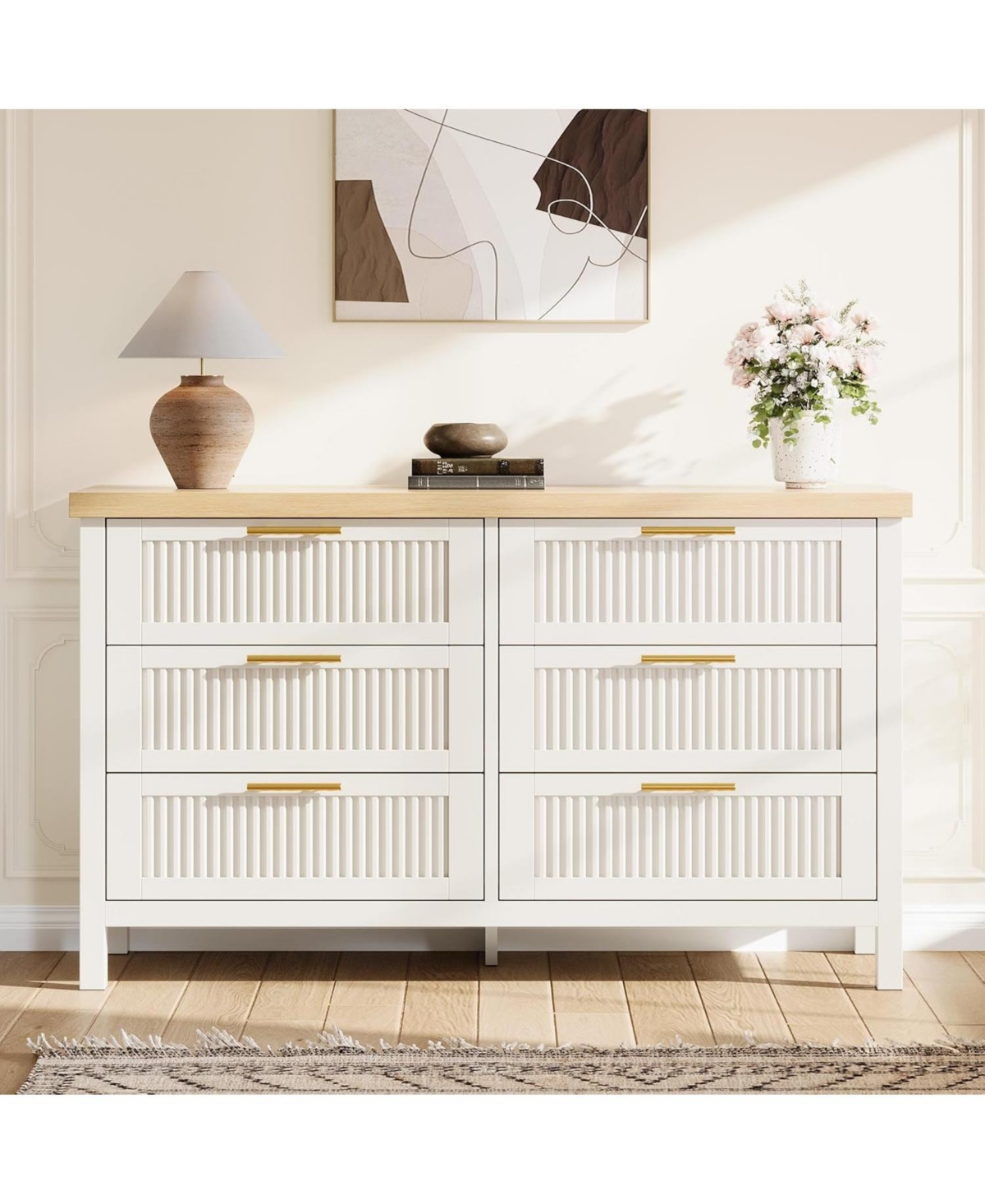 gaomon Fluted Dresser for Bedroom with 6 Drawers, 47.4 in Wide Chest of Large Drawers with Large Clothes Storage Cabinet, Wood Dresser, Tv Stand - Whi