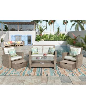 4 Piece U Style All Weather Wicker Patio Conversation Set with Sectional Sofa Ottoman Cushions