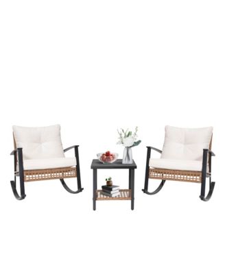 Pulled rattan Rocking chair 3 piece Set Outdoor Patio Set Lounge Chairs Thick Cushions for Patio