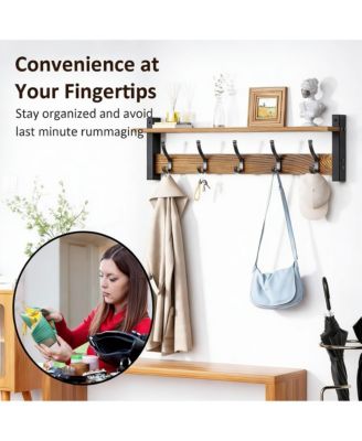 5-Hook Wall Coat Rack with Shelf, 80 lbs Capacity, Vintage Brown