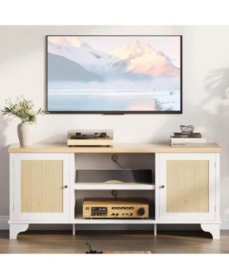 Rattan TV Stand for 65 in TV, Boho Entertainment Center with Cabinets & Open Shelves