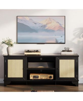Rattan TV Stand for 65 in TV, Boho Entertainment Center with Cabinets & Open Shelves