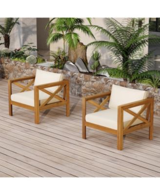 2 Piece Outdoor Acacia Wood Conversation Set with Armchairs Cushions Teak Finish End Table for Backyard Patio Poolside