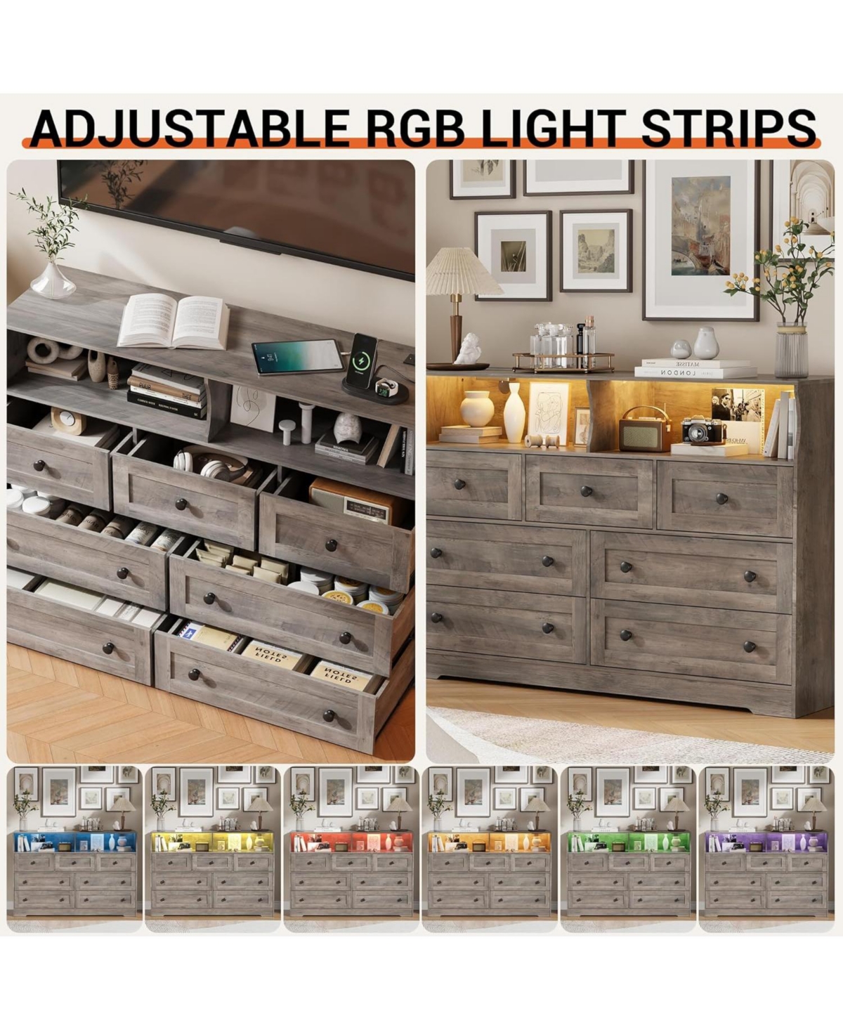 gaomon 7-Drawer Bedroom Dresser with Led Lights, Wooden Chest of Drawers with Charging Station and 2 Open Storage Compartments