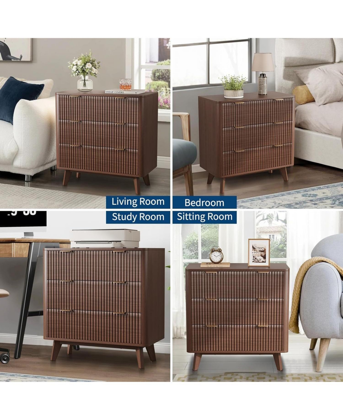 gaomon 32 Inch Walnut Modern Fluted Nightstand, 3-Drawer Bedside Table with Faux Marble Top