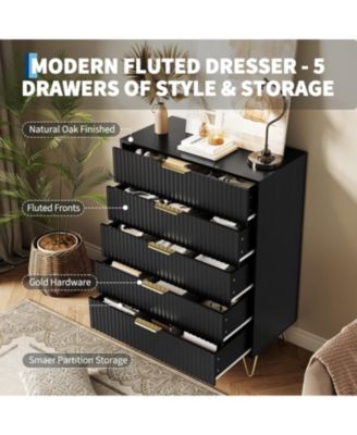 Fluted Dresser for Bedroom with 5 Drawers,32'' Wide Modern Chest of Wooden Drawers with Metal Handle,Wide Clothes Storage Organizer