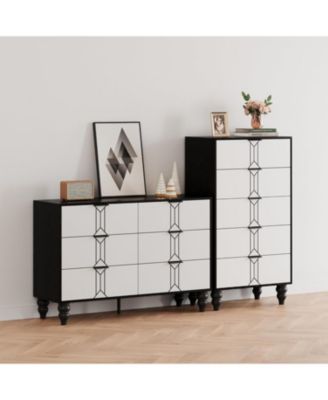 and Tall Wooden 5 Drawer Dresser with Vintage Pattern Design, Modern