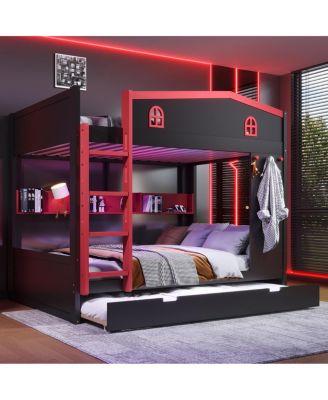  Queen Bunk Bed w/Trundle & Storage Shelves, Solid Wood, Black&Red