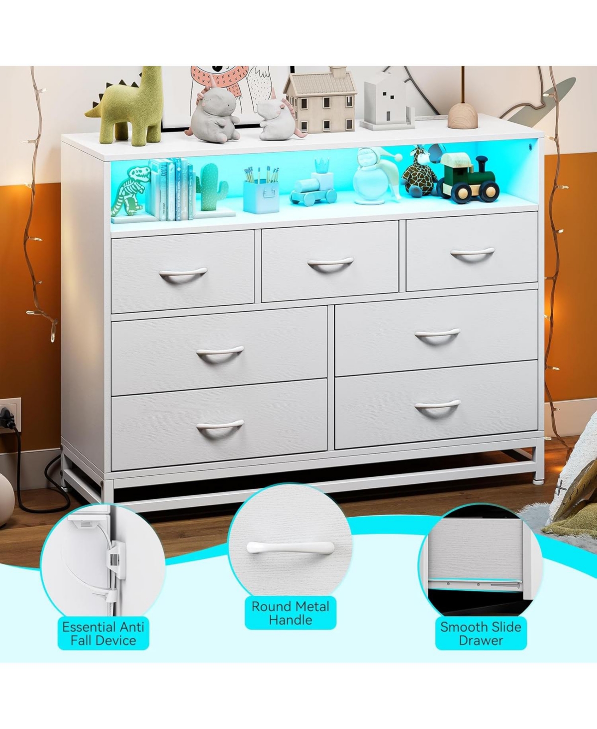 Gaomon Dresser with 7 Drawers for Bedroom, Wooden Long Led Lights and Charging Station, Large Capacity