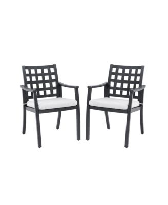 2-Piece Modern Classic Cast Aluminum Outdoor Patio Dining Chairs Textured Ember Black Lattice Backrest Sunbrella Cushion Weather Resistant