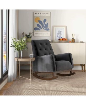 Elegant Demetrius Dark Grey Fabric Solid Wood Rocking Chair 300LBS Capacity for Living Room Nursery Bedroom Reading