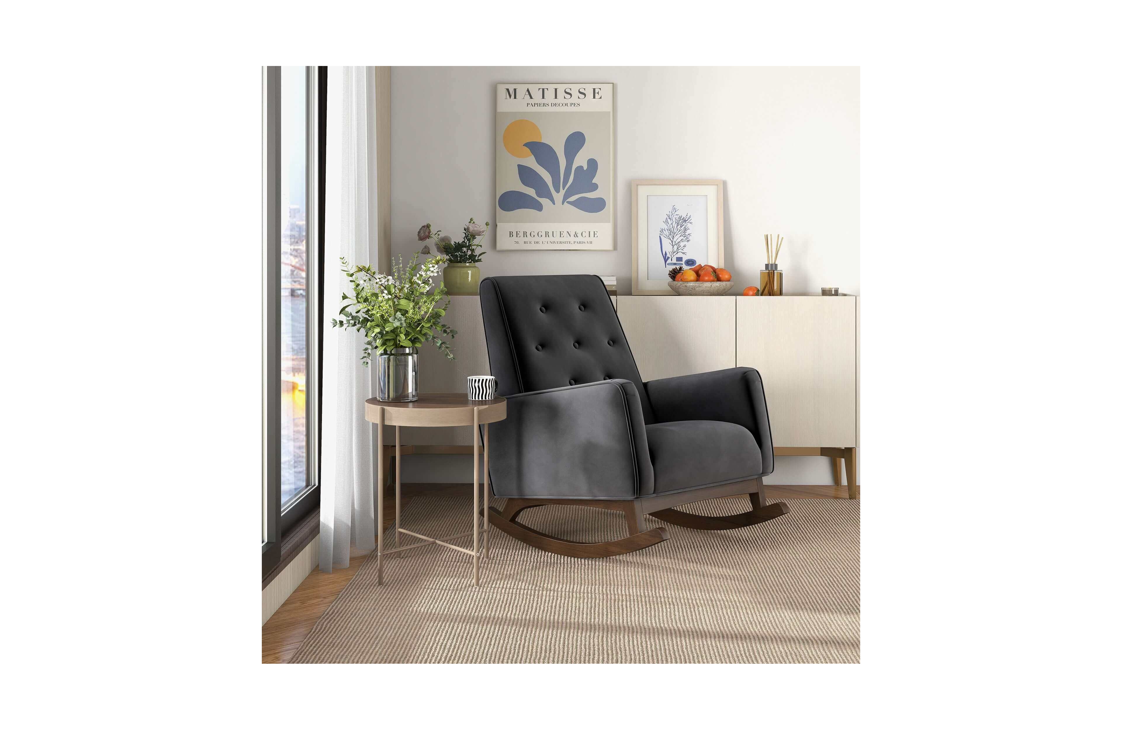 Flynama Elegant Demetrius Dark Grey Fabric Solid Wood Rocking Chair 300LBS Capacity for Living Room Nursery Bedroom Reading