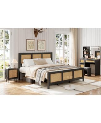 Rattan Bed Frame with Headboard, Boho Full Size Bed Frame with Strong Metal Slats Support, No Box Spring Needed, Noise-Free Design