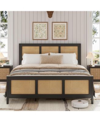 Rattan Bed Frame with Headboard, Boho Full Size Bed Frame with Strong Metal Slats Support, No Box Spring Needed, Noise-Free Design