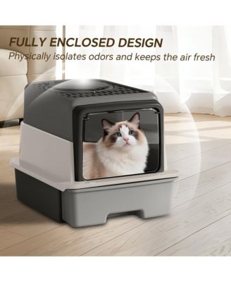 3-in-1 Modern Cat Litter Box with Hood, Tray & Mat, Grey