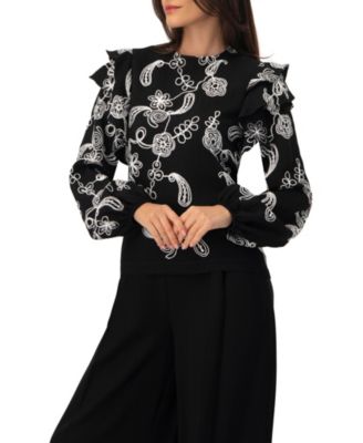 Women's Blouse with White Embroidery and Ruffle Detail