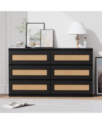 6 Drawer Double Dresser for Bedroom, Rattan Dresser for Bedroom with Smooth Mental Slide, Modern Wood Chest for Bedroom, Living Room, Hallway,