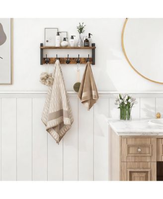 Rustic Brown & Black Iron Wall Hooks Shelf, 5 Hooks, Sturdy Storage, Easy Assembly