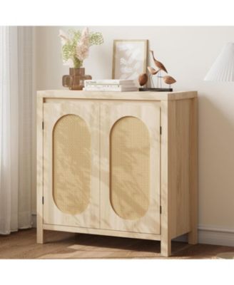 Mid Century Sideboard Buffet - 30 in Retro Storage Cabinet with Rattan Doors & Adjustable Shelves, Boho Chic Accent Console