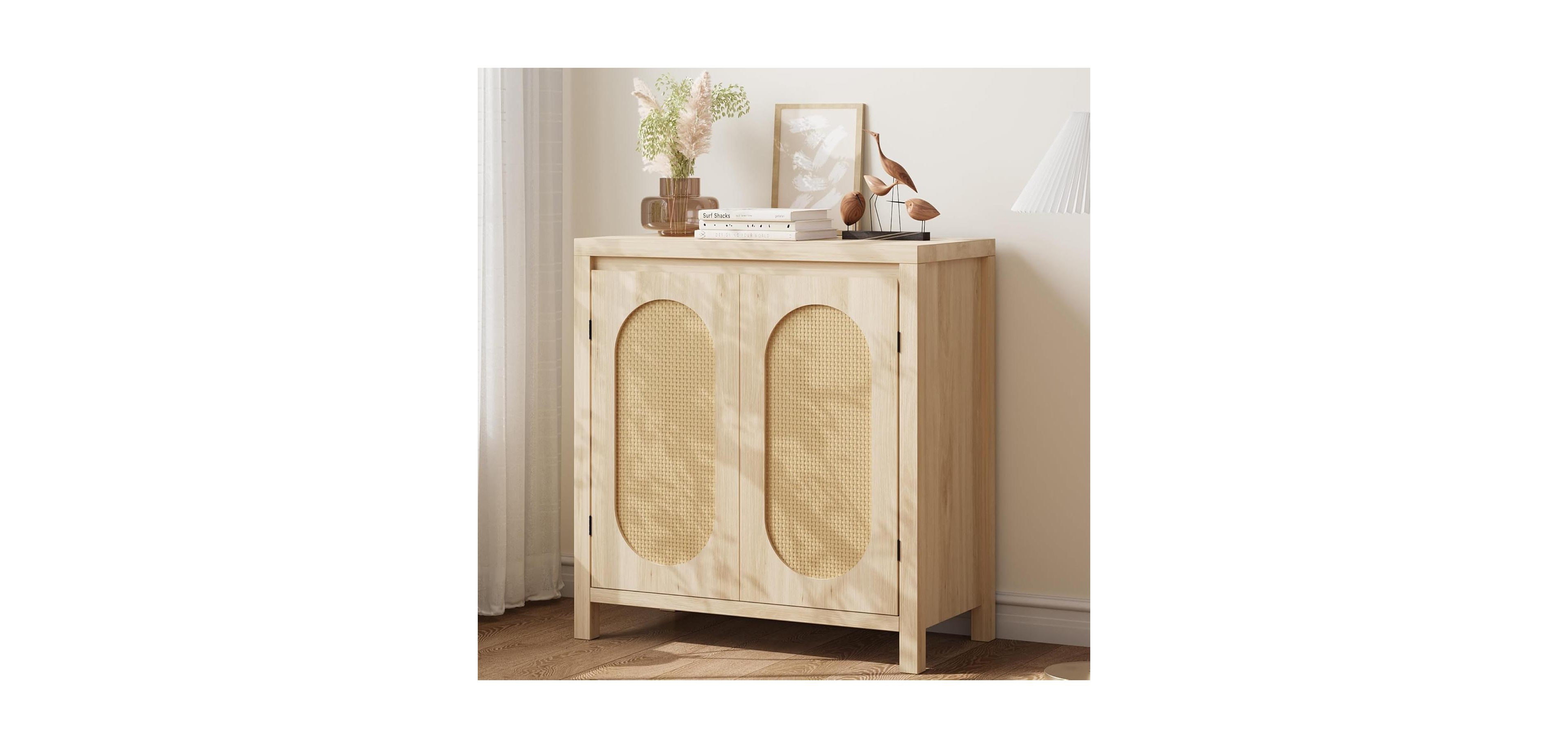 gaomon Mid Century Sideboard Buffet - 30 Retro Storage Cabinet with Rattan Doors & Adjustable Shelves, Boho Chic Accent Console