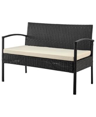 4 Piece Black and Cream Outdoor Conversation Patio Set with 2 Armchairs 1 Loveseat and Tempered Glass Coffee Table for Backyard Porch Garden