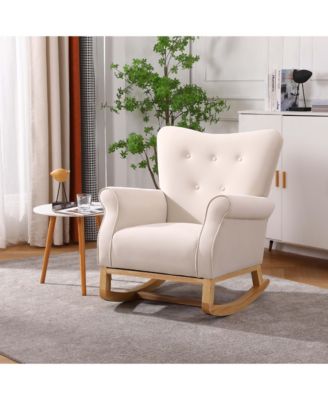 Modern High Back Nursery Rocking Chair Comfortable Fabric Padded Seat Armchair with Warm Wood Color Curved Legs for Baby Room Reading Corner