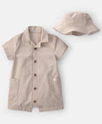 Baby Boys' Canvas Short-Sleeve Romper and Bucket Hat, 2-Piece Set