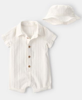 Baby Boys' Button-Front Romper and Hat, 2-Piece Set