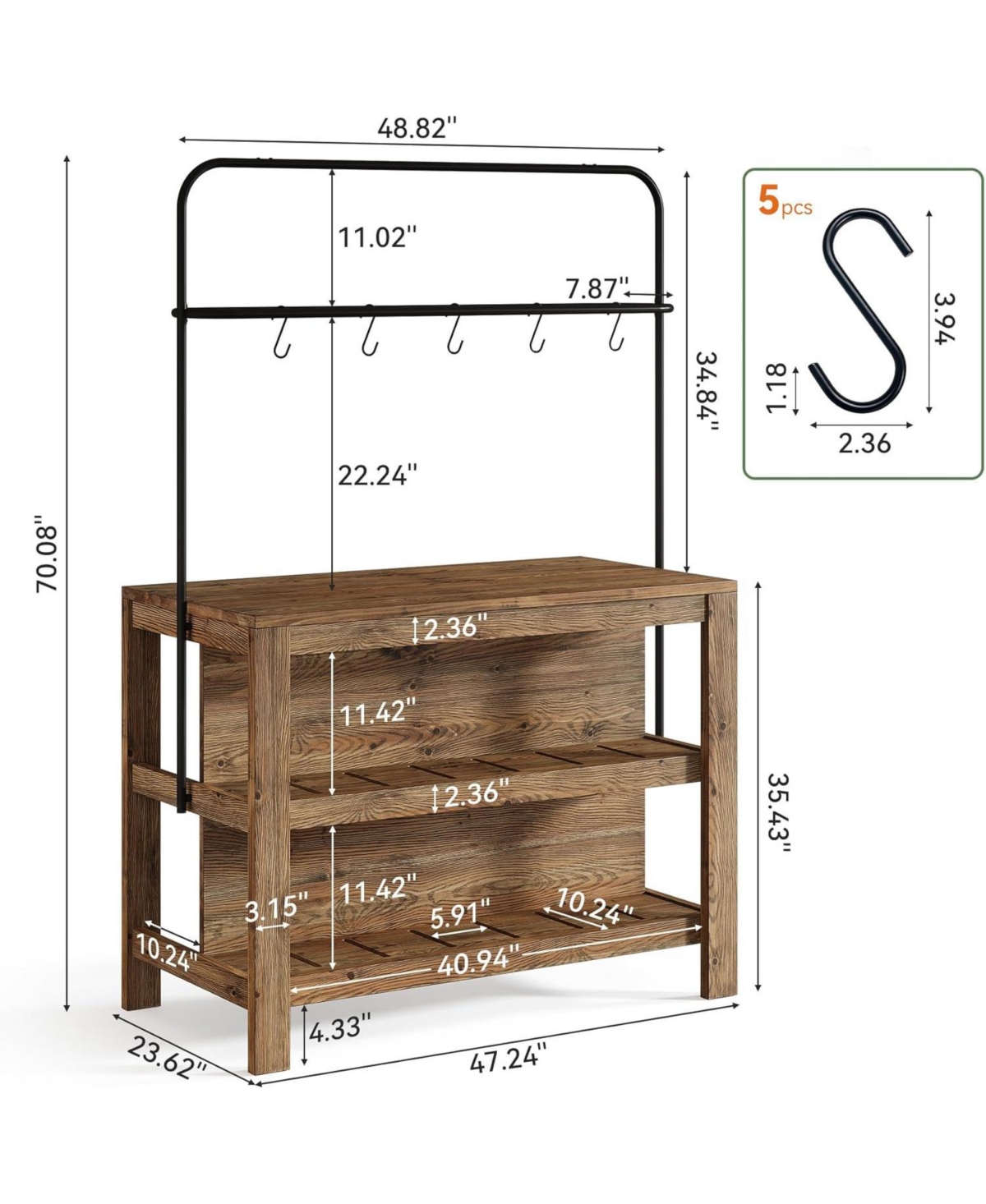 Tribesigns Solid Wood Kitchen Island with Storage, 47-Inch Farmhouse Stationary Island Table with Countertop and 5 Hooks, Wooden Coffee Bar Table