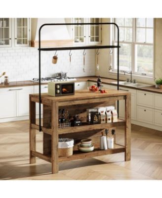 Solid Wood Kitchen Island with Storage, 47-Inch Farmhouse Stationary Island Table with Countertop and 5 Hooks, Wooden Coffee Bar Table