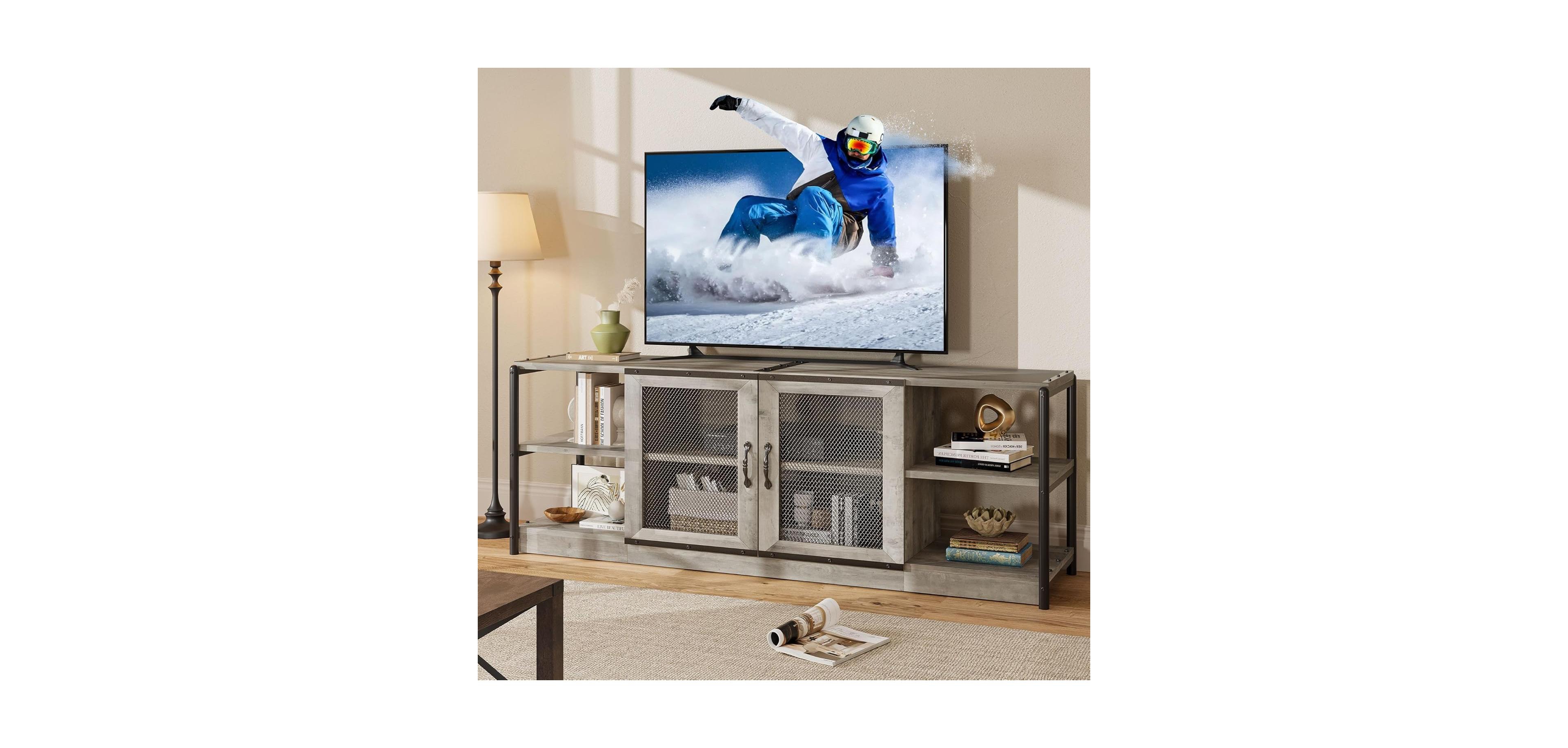 Gaomon Farmhouse Tv Stand for 75/80 inches TVs, Entertainment Center with Storage Cabinet and Mesh Doors, Grey