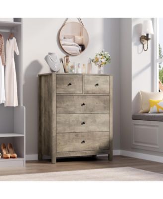 Dresser for Bedroom, Tall 5 Drawer Dresser with Deep Drawers Metal Knobs, Modern Wooden Double Chests of Drawers for Kids Bedroom