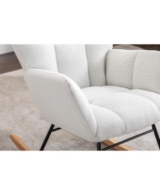 Ivory Teddy Fabric Nursery Rocking Glider Chair with Wooden Frame Metal Base Rocking Legs 250 LBS Capacity for Living Room Bedroom