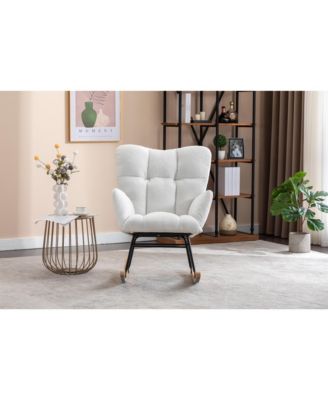 Ivory Teddy Fabric Nursery Rocking Glider Chair with Wooden Frame Metal Base Rocking Legs 250 LBS Capacity for Living Room Bedroom