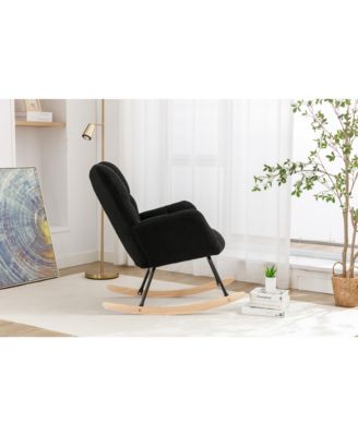 Black Teddy Fabric Nursery Rocking Glider Chair with Wooden Frame Metal Base Rocking Legs 250 LBS Capacity for Living Room Bedroom Indoor