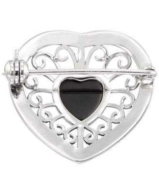 Marcasite (0.38 ct. t.w.) and Black Onyx (3 ct. t.w.) Heart Brooch in Sterling Silver