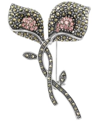 Marcasite (2.2 ct. t.w.) and Pink Crystal (0.49 ct. t.w.) Brooch in Sterling Silver