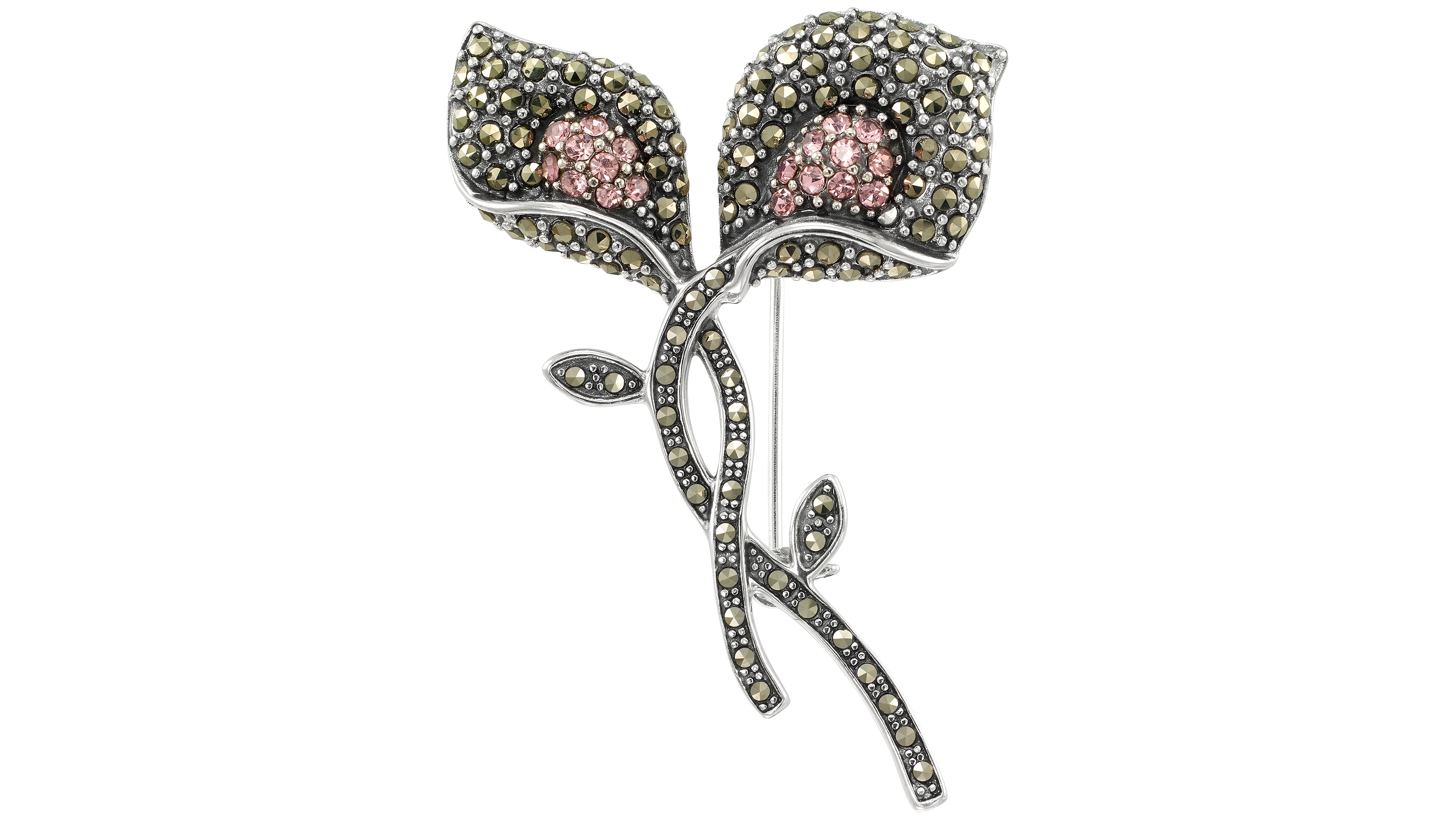 Macy's Marcasite (2.2 ct. t.w.) and Pink Crystal (0.49 ct. t.w.) Brooch in Sterling Silver