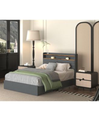 Queen Bed Frame with 4 Storage Drawers, LED Light, and Charging Station