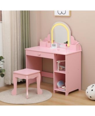 Pink 2-in-1 Kids Lighted Vanity Set, Sweet Makeup Table with Matching Stool