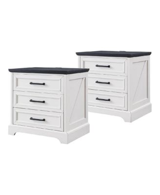 Set of 2 Off White Farmhouse Nightstands, 22 Inch 3-Drawer End Table with USB Charging Station