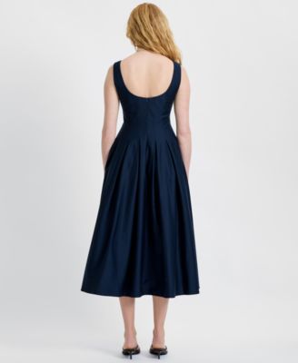 Women's Satin Fit And Flare Scoop Neck Midi Dress