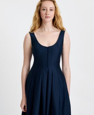 Women's Satin Fit And Flare Scoop Neck Midi Dress