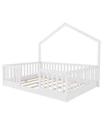 Full Floor Bed with High Rails, Wooden Montessori Bed with Light