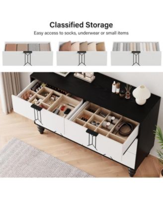 Modern Wooden 6 Drawer Dresser with Vintage Pattern Design, Chest Dresser with Deep Drawers for Bedroom, Living Room and Entryway