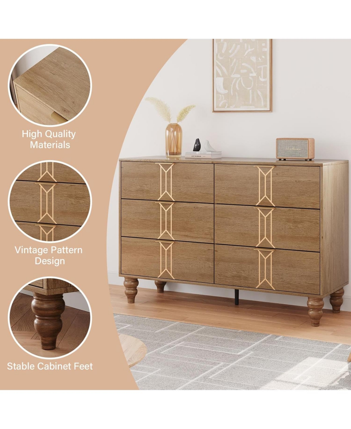 Gaomon Modern Wooden 6 Drawer Dresser with Vintage Pattern Design, Chest Deep Drawers for Bedroom, Living Room and Entryway