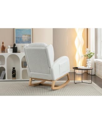 Ivory Teddy Fabric Rocking Chair with Wooden Frame Legs Built in Packet Ergonomic Backrest 300 LBS Capacity for Living Room Bedroom