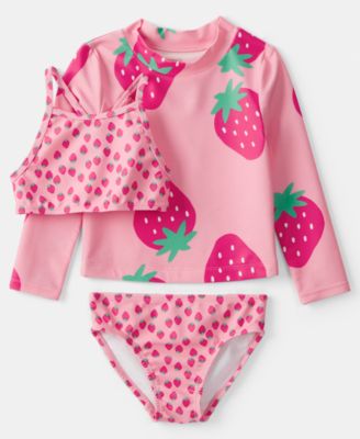 Girls' Toddler 2T-5T Strawberry Rashguard, Swim Top & Swim Bottoms, 3-Piece Set
