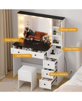 Makeup Vanity Desk Lighted Mirror and Cushioned Stool Wooden Dressing Table